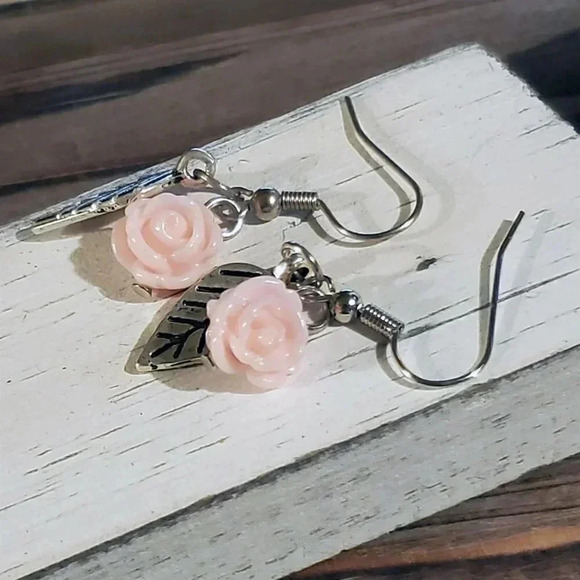 Handcrafted Antique Silver Leaf Light Pink Lucite Rose Dangle Earrings - Picture 1 of 8